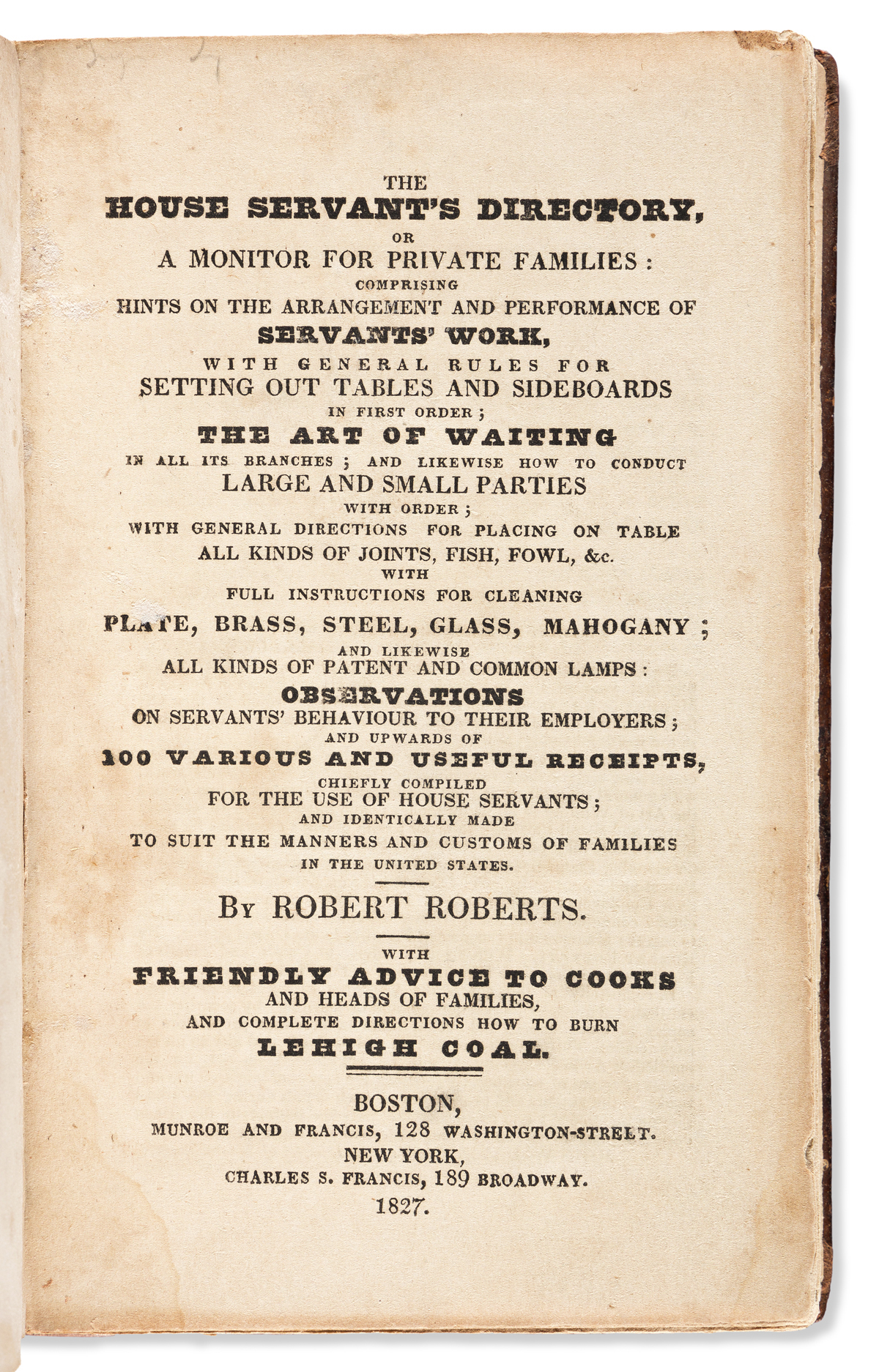 (FOOD AND DRINK.) Robert Roberts. House Servant’s Directory.